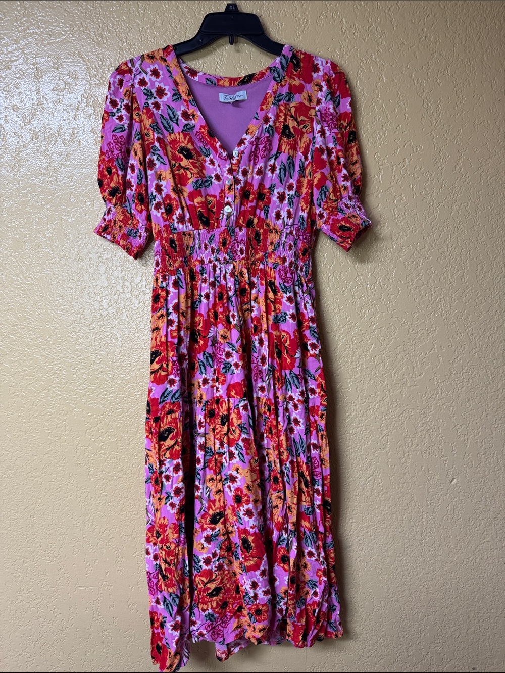 Polagram Pink and Red Floral V-Neck Midi Dress